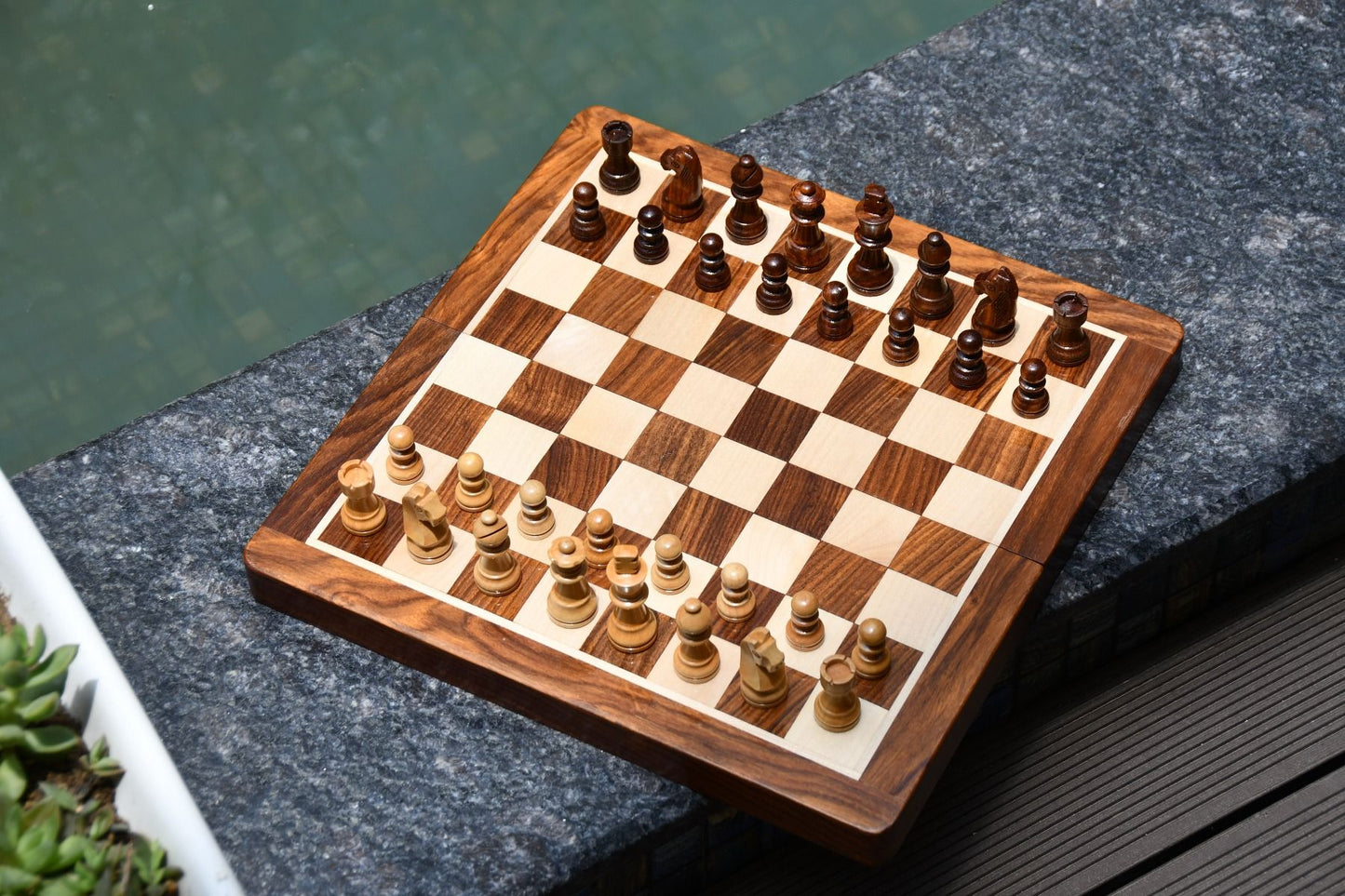 12" portable magnetic chess set in Sheesham & Maple