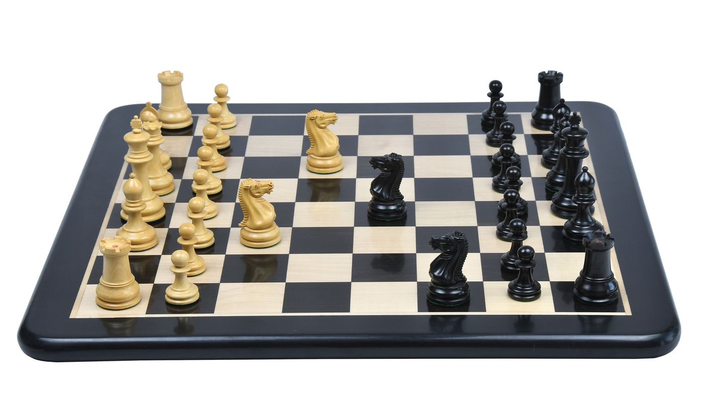 Combo of Reproduced 1849 Original Staunton Pattern Chess Pieces in Ebony / Boxwood with King Side Stamping - 3.75" King with Ebony Wooden Chess Board