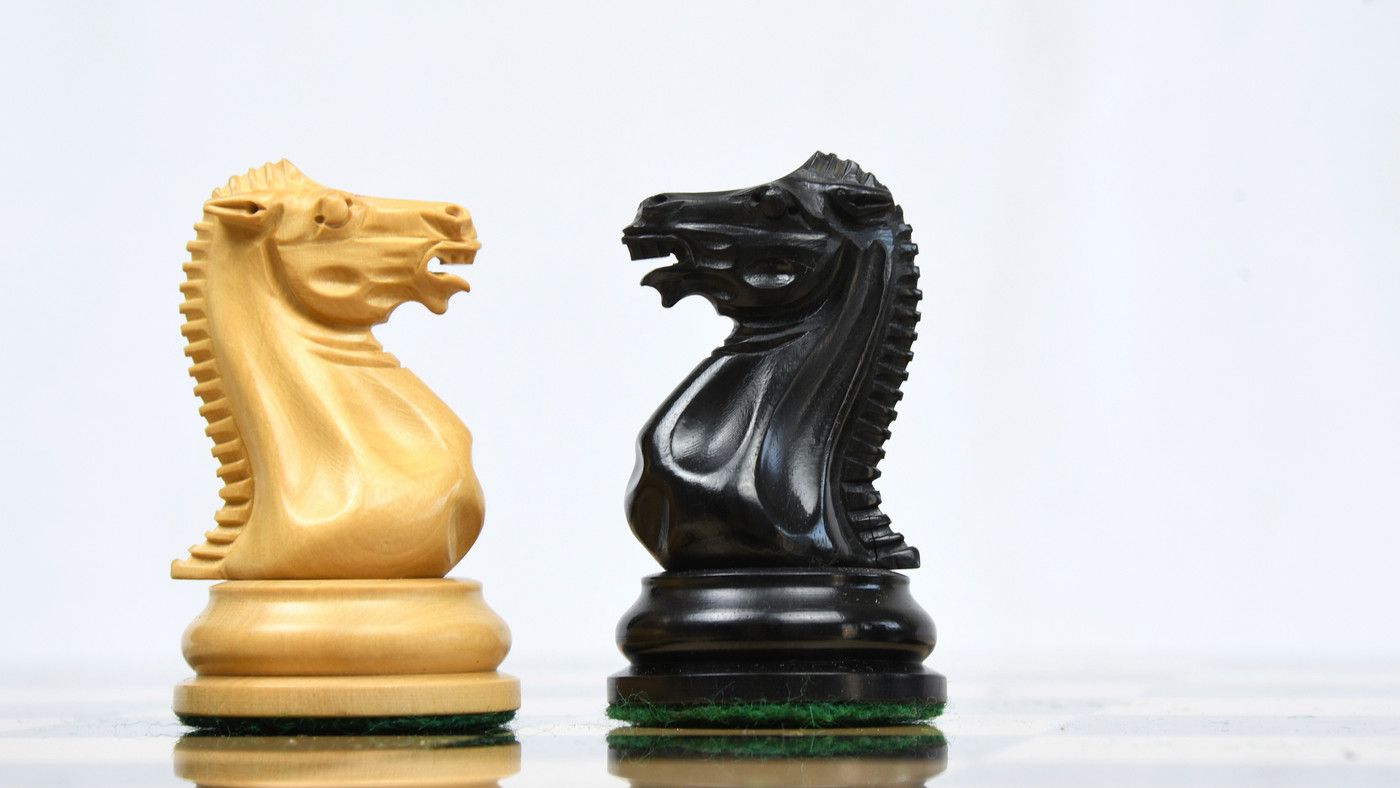 Combo of Reproduced 1849 Original Staunton Pattern Chess Pieces in Ebony / Boxwood with King Side Stamping - 3.75" King with Ebony Wooden Chess Board