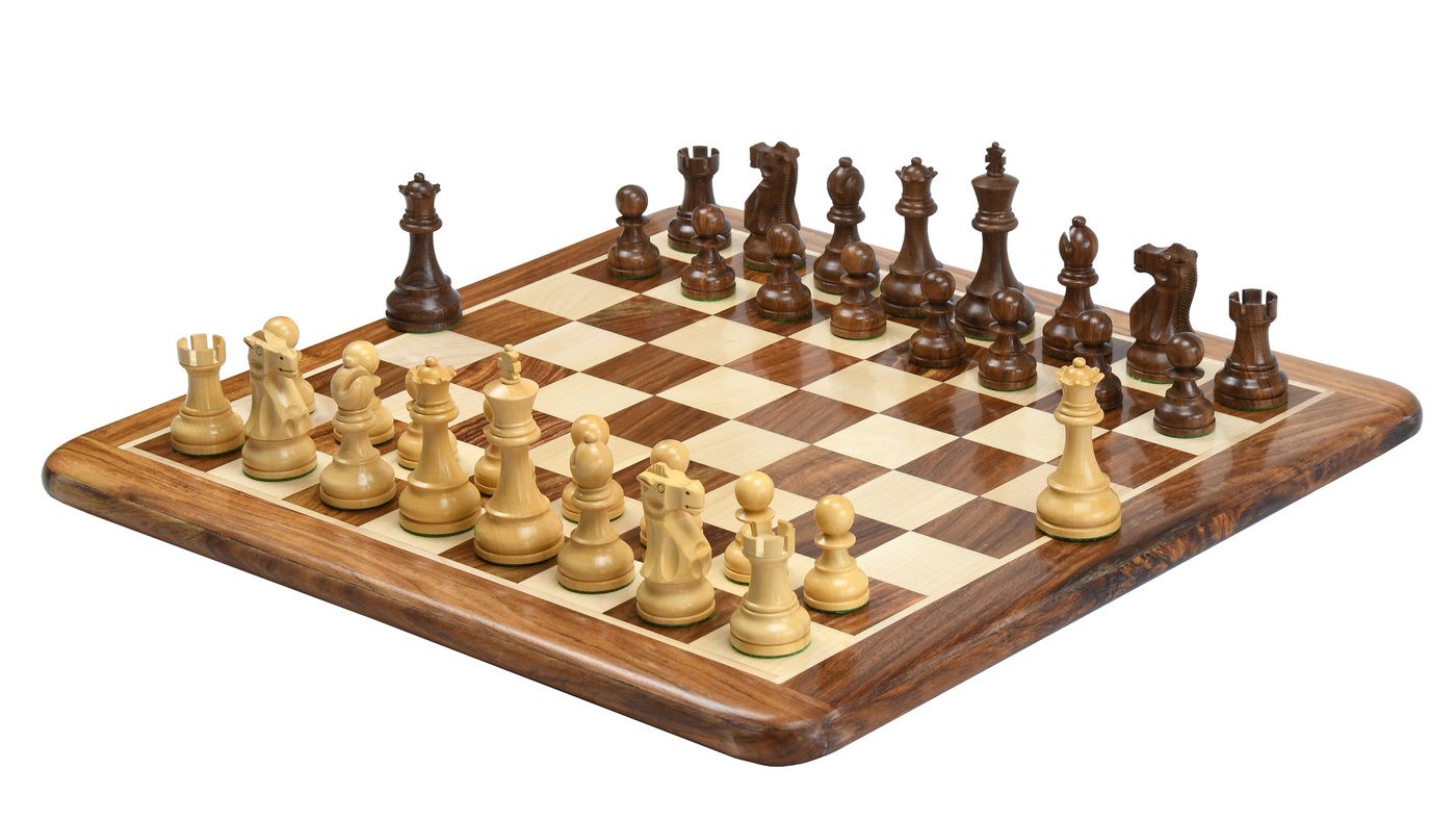 Combo of Reproduced 1972 Reykjavik Championship Series Chess Pieces in Sheesham & Box Wood - 3.7" King with Wooden Chess Board