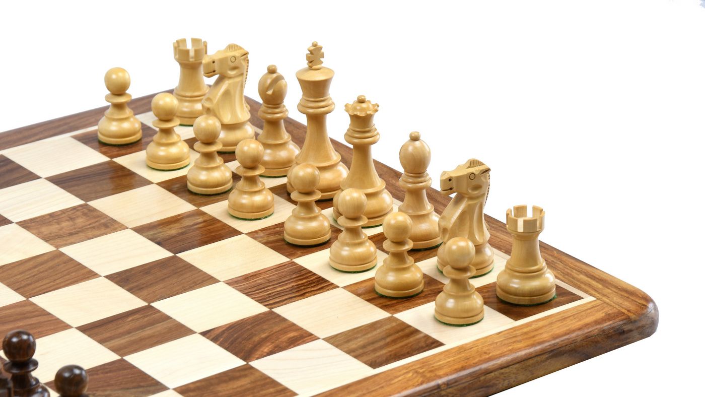 Combo of Reproduced 1972 Reykjavik Championship Series Chess Pieces in Sheesham & Box Wood - 3.7" King with Wooden Chess Board