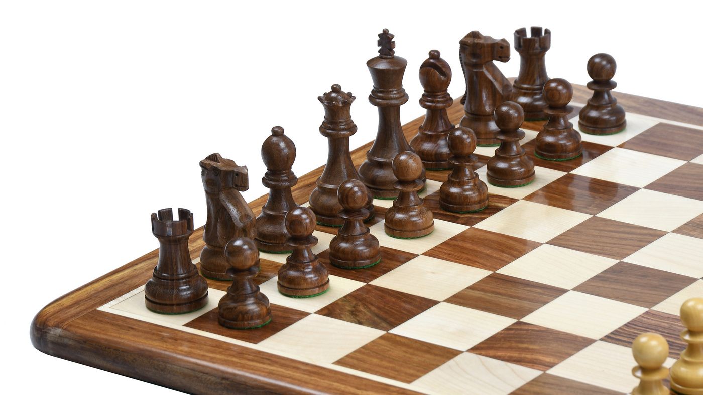 Combo of Reproduced 1972 Reykjavik Championship Series Chess Pieces in Sheesham & Box Wood - 3.7" King with Wooden Chess Board